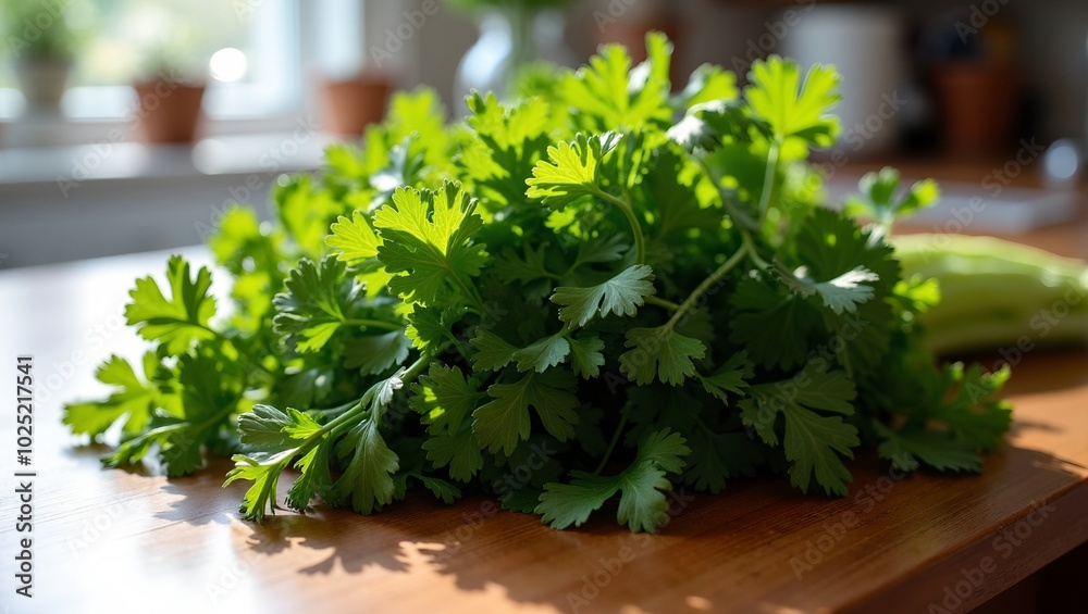 Fresh parsley and cilantro on wooden counter bathed in soft morning light Fresh parsley and cilantro on wooden counter bathed in soft morning light