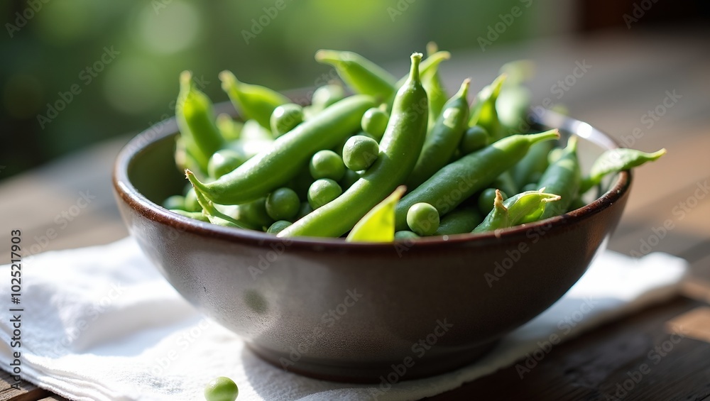 Fresh green peas in pods on white napkin rustic wooden table dappled sunlight Fresh green peas in pods on white napkin rustic wooden table dappled sunlight