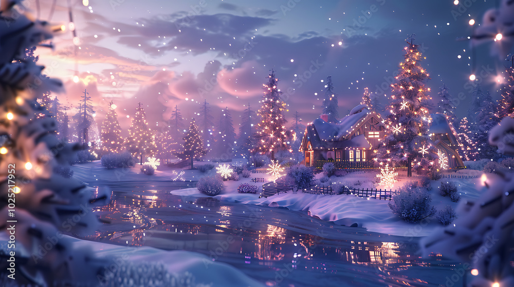 Fototapeta premium Fantasy winter landscape with wooden house and Christmas trees. 3d rendering
