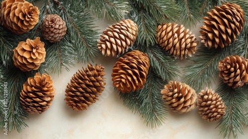 A flat lay of pine cones and evergreen branches on a beige background, creating a festive and natural winter scene.