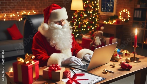 Santa Claus works at a computer in a festively decorated room before Christmas