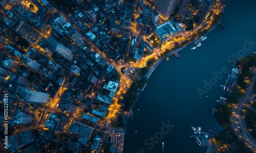 Aerial view of urban skyline with charles river and city lights