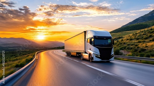 Modern Freight Truck on Scenic Road at Sunset