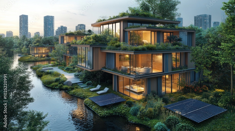 Modern eco-friendly homes with green roofs and solar panels on a canal in a city with tall buildings in the background at sunset. Modern eco-friendly homes with green roofs and solar panels on a canal in a city with tall buildings in the background at sunset.