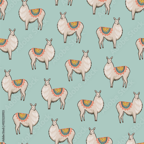 Seamless pattern with cute alpaca. Vector illustration.