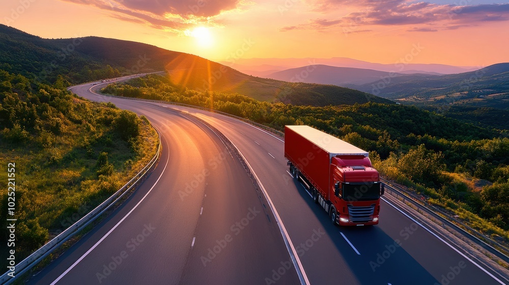 Modern Freight Truck Driving on Scenic Road Modern Freight Truck Driving on Scenic Road