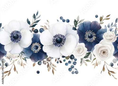 Hand drawn watercolor illustration of a bunch of large dark blue flowers (hellebores), white anemones and viburnum berries. Botanical illustration. photo