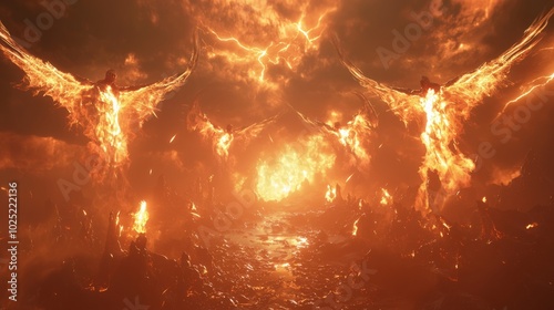 Apocalyptic Battle of Angels and Demons in Hellish Sky | Intense 3D Render with Cinematic Lightning photo