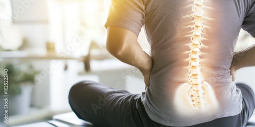 Close-up of a man holding his lower back with an illustration of the spine highlighted
