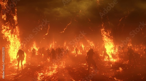 The Fiery Agony - Apocalyptic 3D Render of Soldiers Engulfed in Flames on Chaotic Battlefield with Cinematic Lightning