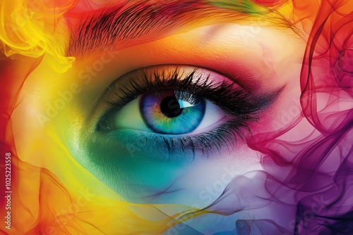 A striking eye with blue pupils, ensconced in swirling rainbow hues symbolizing diversity and creativity.