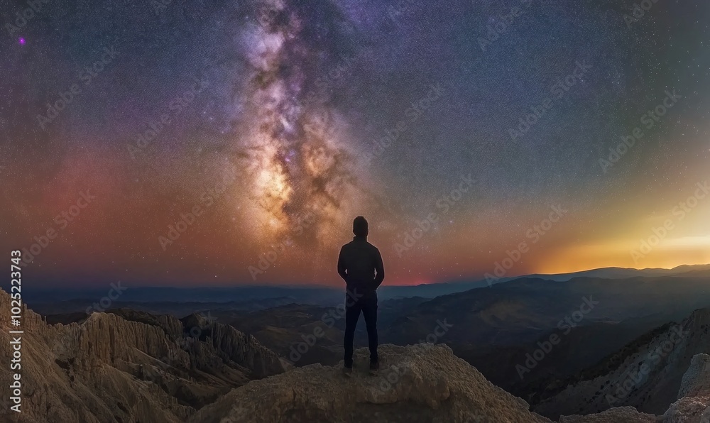 astronomy time long exposure landscape photography. A man standing in a high place looking up in wonder to the Milky Way galaxy astronomy time long exposure landscape photography. A man standing in a high place looking up in wonder to the Milky Way galaxy
