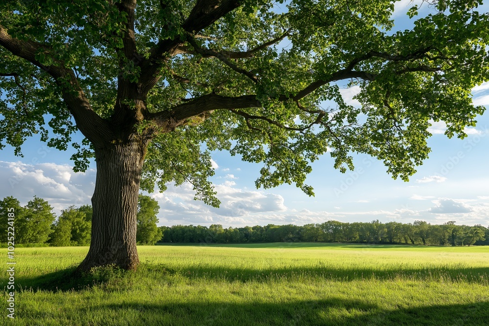 An expansive green field with a solitary, majestic tree dominates the scene, symbolizing growth and nature's grace. An expansive green field with a solitary, majestic tree dominates the scene, symbolizing growth and nature's grace.