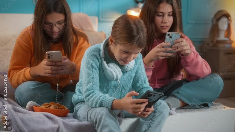 Three teen girls using mobile phones together at home in room, watching social media content on smart phone. Phone addict concept