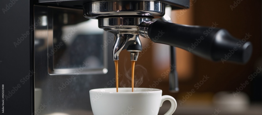 Fresh espresso being poured from an appliance by a coffee maker Fresh espresso being poured from an appliance by a coffee maker
