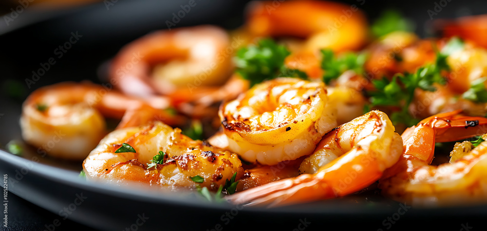 Delicious shrimp dish garnished with fresh parsley on a dark plate. Delicious shrimp dish garnished with fresh parsley on a dark plate.