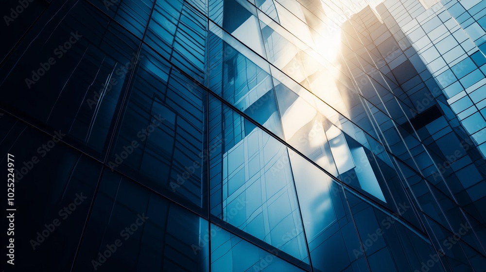 Impressive blue glass skyscraper with reflective windows soaring high against a clear blue sky, showcasing modern architecture Impressive blue glass skyscraper with reflective windows soaring high against a clear blue sky, showcasing modern architecture