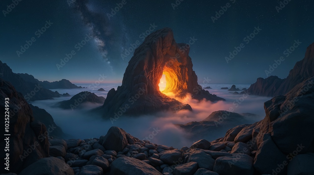 Fototapeta premium Mystical Rock Arch with Glowing Light and Milky Way