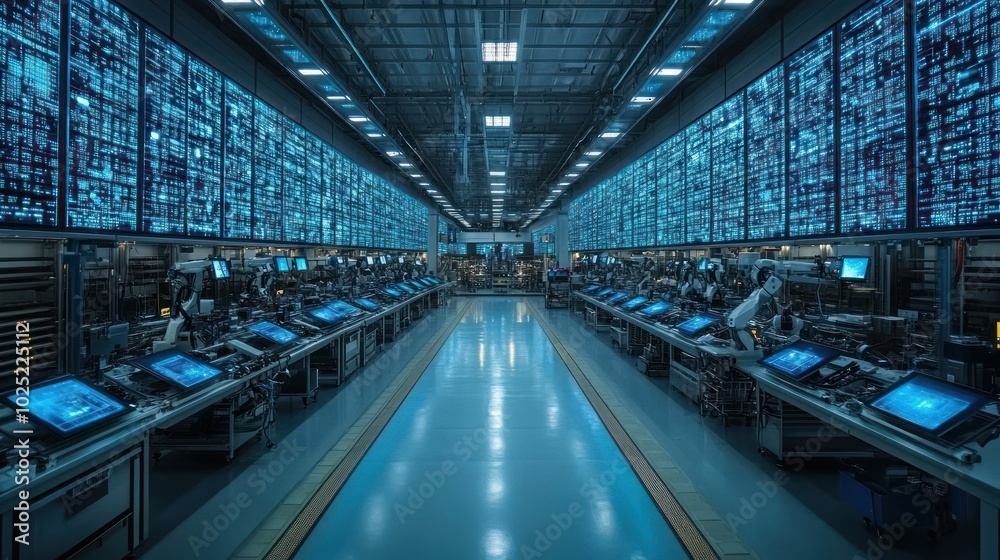 An empty futuristic factory with rows of robotic arms and computer screens displaying data. An empty futuristic factory with rows of robotic arms and computer screens displaying data.