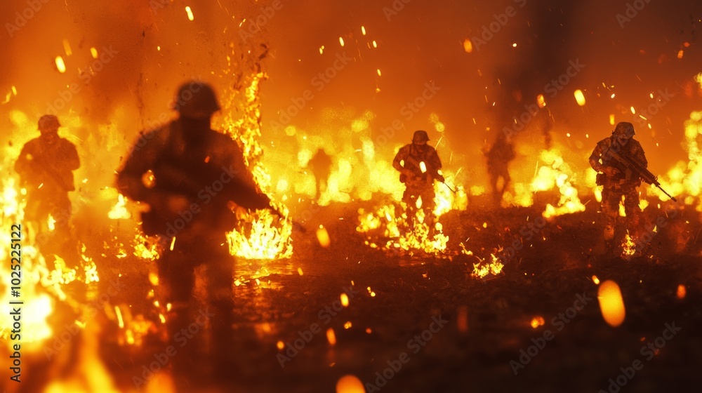 Inferno of War - A Cinematic 3D Render of Soldiers Consumed by Flames on Chaotic Battlefield with Anguished Faces Illuminated by Fiery Inferno Inferno of War - A Cinematic 3D Render of Soldiers Consumed by Flames on Chaotic Battlefield with Anguished Faces Illuminated by Fiery Inferno
