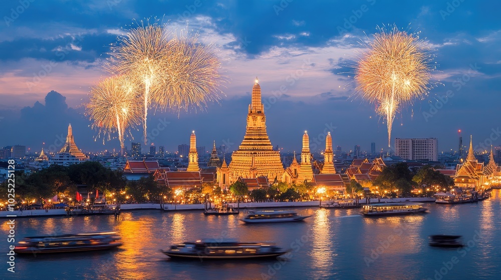 Fototapeta premium Spectacular Fireworks Over Bangkok Skyline at Night
