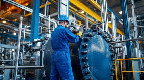 Industrial worker in blue uniform and hard hat conducts maintenance on a large metal valve in a factory.