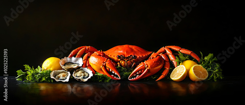 Fresh crab with oysters and lemons arranged against a dark background.