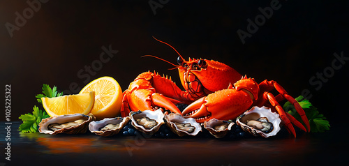 Fresh lobster and oysters with lemon on dark background, gourmet seafood delight.