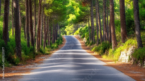 Serene Empty Road Surrounded by Lush Green Trees