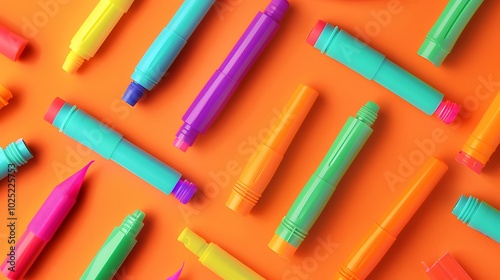 A colorful selection of glue sticks arranged on a solid orange background