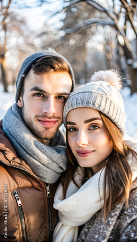 Close-up of a younghappy couple in winter outfits in park photo