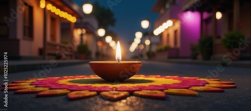 A 3D-rendered Diwali celebration scene featuring a lit diya lamp in the middle of a festive street with colorful rangolis and happy Diwali festival background photo