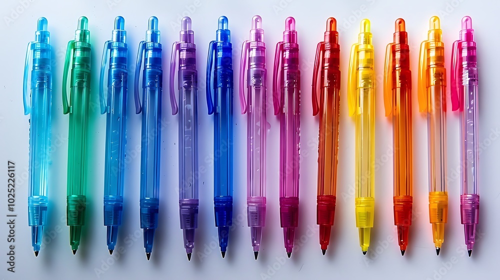 A colorful set of gel pens arranged neatly on a solid white background A colorful set of gel pens arranged neatly on a solid white background