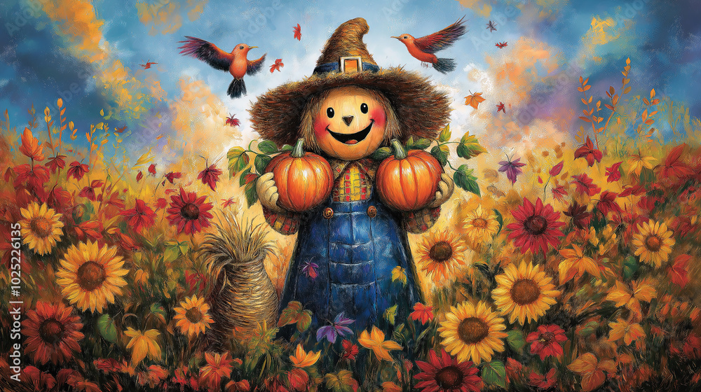 Fototapeta premium Happy Scarecrow in A Field of Flowers Holding two pumpkins: Whimsical painting of a scarecrow wearing a hat .This playful design is perfect for festive products like home decor, stickers, and apparel.