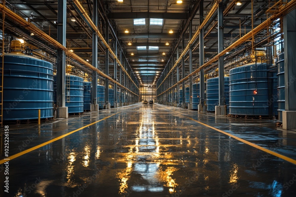 A long, empty corridor in a large industrial warehouse with rows of large, blue tanks. A long, empty corridor in a large industrial warehouse with rows of large, blue tanks.