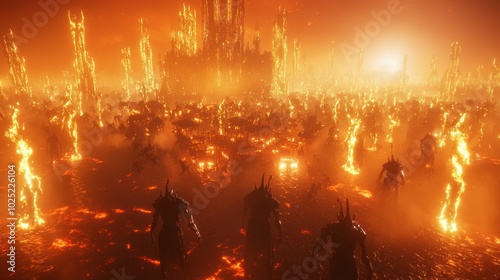 Infernal Market of Souls - A 3D Rendered Hellscape with Demonic Creatures, Flames, and Shadows in a Chaotic Marketplace Scene