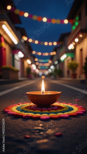 A 3D-rendered Diwali celebration scene featuring a lit diya lamp in the middle of a festive street with colorful rangolis and happy Diwali festival background photo