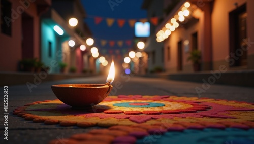 A 3D-rendered Diwali celebration scene featuring a lit diya lamp in the middle of a festive street with colorful rangolis and happy Diwali festival background photo