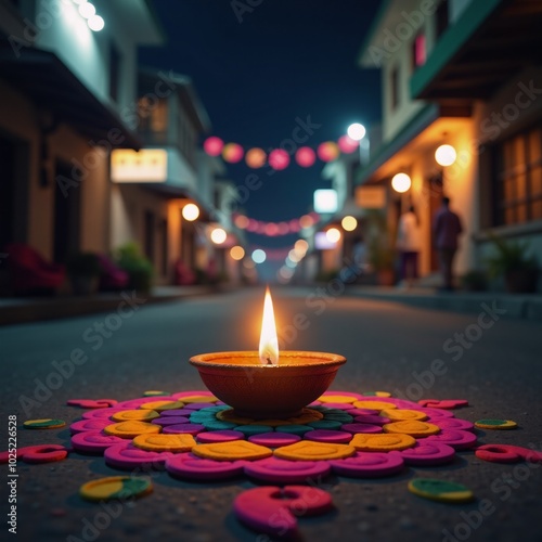 A 3D-rendered Diwali celebration scene featuring a lit diya lamp in the middle of a festive street with colorful rangolis and happy Diwali festival background photo