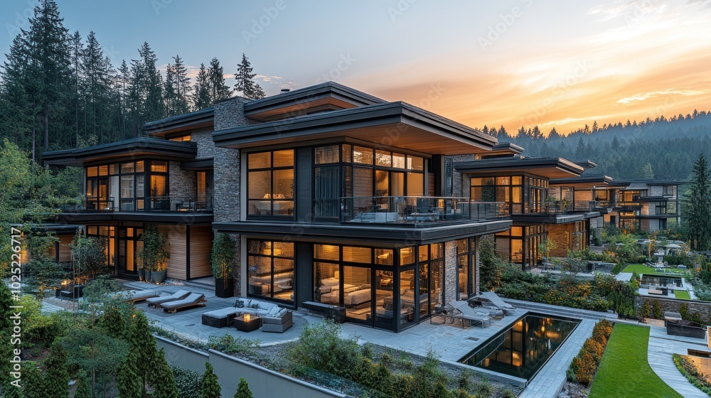 A modern, luxurious home with a pool and patio, set against a backdrop of lush green forest and a vibrant sunset sky. A modern, luxurious home with a pool and patio, set against a backdrop of lush green forest and a vibrant sunset sky.