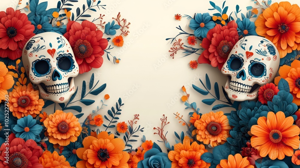 Day of the Dead, el Dia de los Muertos Celebration, Sugar Skull and Flowers Facebook Cover, with copy space Day of the Dead, el Dia de los Muertos Celebration, Sugar Skull and Flowers Facebook Cover, with copy space