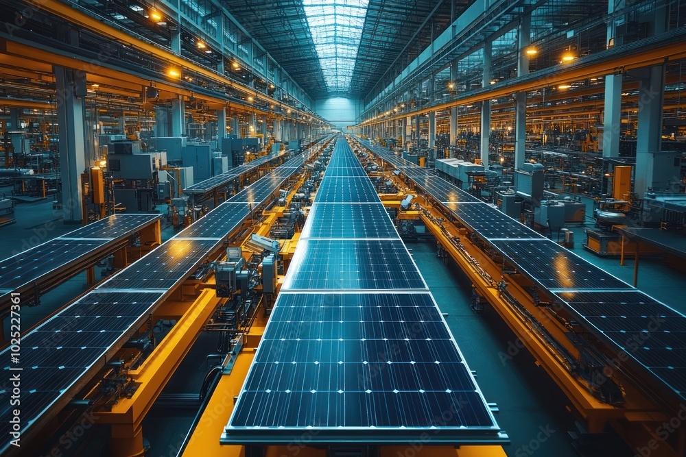A large factory assembly line with multiple rows of solar panels being manufactured. A large factory assembly line with multiple rows of solar panels being manufactured.