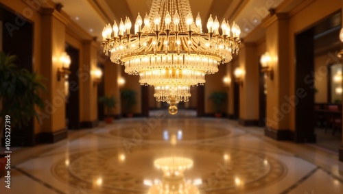 Luxurious chandelier illuminating grand hotel lobby