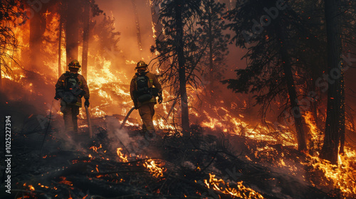 Firefighters working in a burning forest.