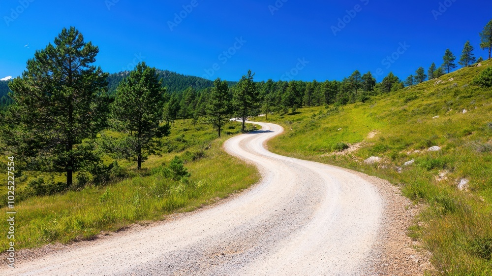 Winding Road Through Lush Pine Forest Landscape Winding Road Through Lush Pine Forest Landscape