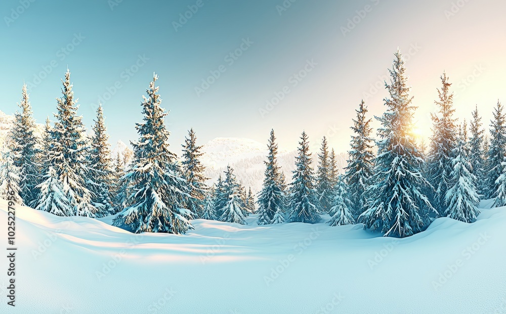 During the winter, the sun sets between the trees in the woods During the winter, the sun sets between the trees in the woods