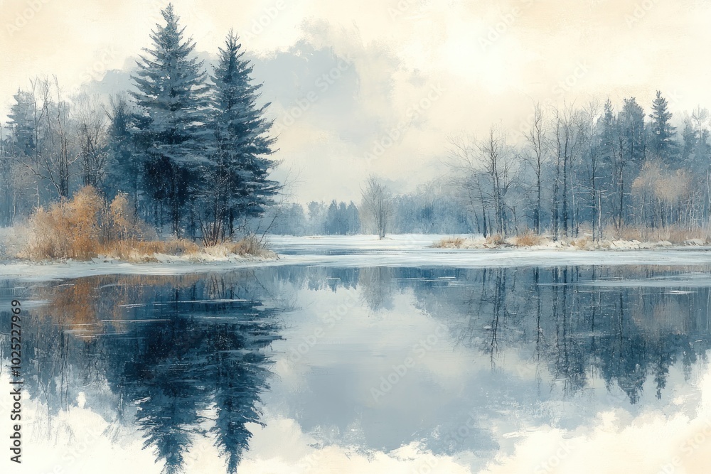 Fototapeta premium A serene winter landscape with a frozen lake reflecting a cloudy sky and a snowy shoreline.