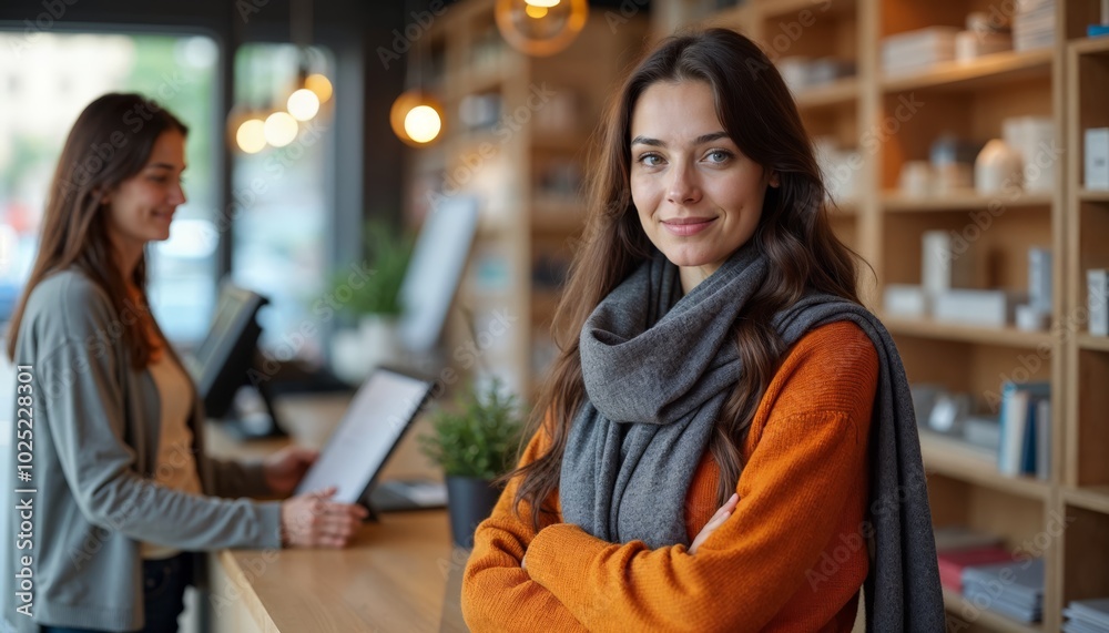 Young Caucasian Woman in Orange Sweater and Gray Scarf Enjoying Cafe Ambiance Young Caucasian Woman in Orange Sweater and Gray Scarf Enjoying Cafe Ambiance