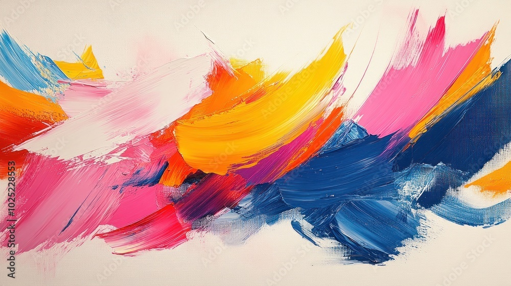 Abstract painting with vibrant strokes of blue, pink, yellow, and orange paint on a white background. Abstract painting with vibrant strokes of blue, pink, yellow, and orange paint on a white background.