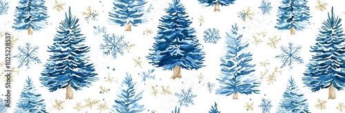 This seamless pattern features a fog-filled spruce forest. The trees are isolated on white.